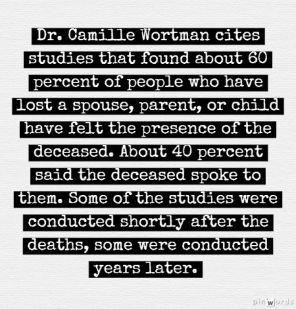 براساس مطالعات دکتر کامیل ورتمن، حدود ۶۰ درصد از افرادی که همسر، والدین یا فرزند خود را ازدست دادهاند، حضور عزیزانشان را در کنار خود حس میکنند. حدود ۴۰ درصد از آنها میگویند که عزیزان ازدست رفتهشان با آنها حرف میزنند. برخی از این مطالعات دقیقاً پس از مرگ افراد انجام شده و برخی سالها بعد.