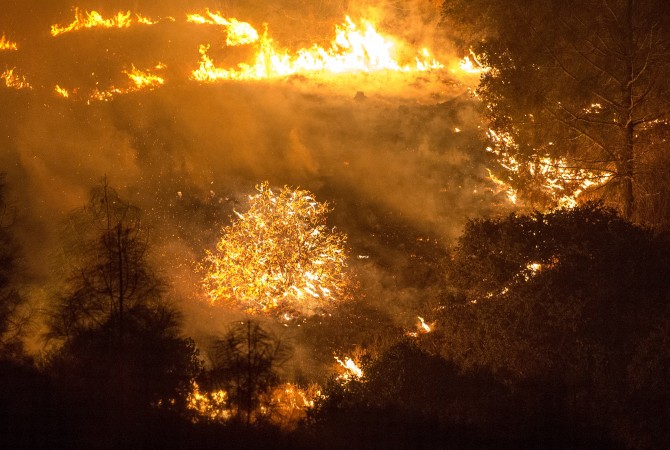 آتش راکی، آتش سوزی که در کالیفرنیا رخ داده است، حدود ۶۵ هزار هکتار از زمین‌‌‏های این ایالت را درگیر خود کرده است.  (Josh Edelson/AFP/Getty Images)