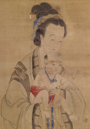 نقاشی چینی قرن هجدهم از مادری که فرزند خود را به معبد اهدا می‌‌‏کند