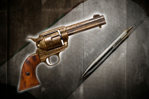 File photos of a gun and a ledger book. Shutterstock