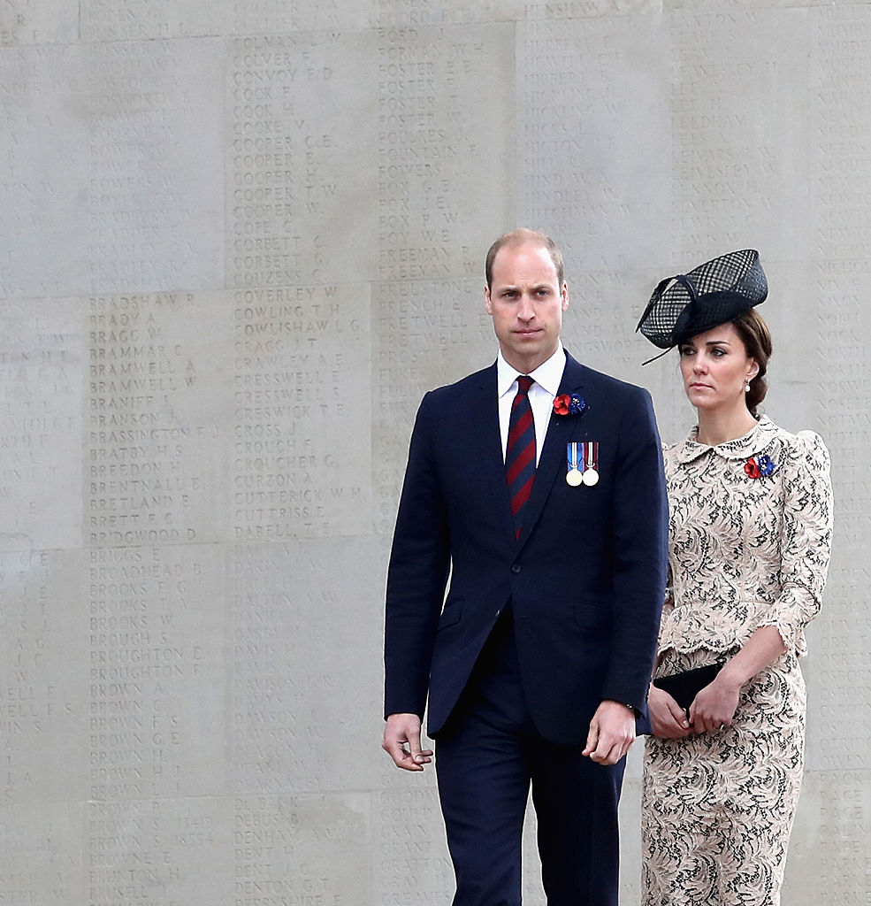 THIEPVAL, FRANCE - JULY 01:  Prince William, Duke of Cambridge and Catherine, Duchess of Cambridge walk past names of the missing on Thiepval Memorial during Somme Centenary Commemorations on July 1, 2016 in Thiepval, France. Today marks exactly 100 years since the beginning of the battle of the Somme.  (Photo by Chris Jackson/Getty Images)