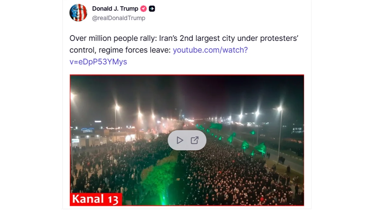 در پی گزارش کانال ۱۳ اسرائیل درباره حضور بیش از یک میلیون نفر در اعتراضات مشهد و عقبنشینی نیروهای جمهوری اسلامی از دومین شهر بزرگ ایران، دونالد ترامپ به این تحولات واکنش نشان داد.