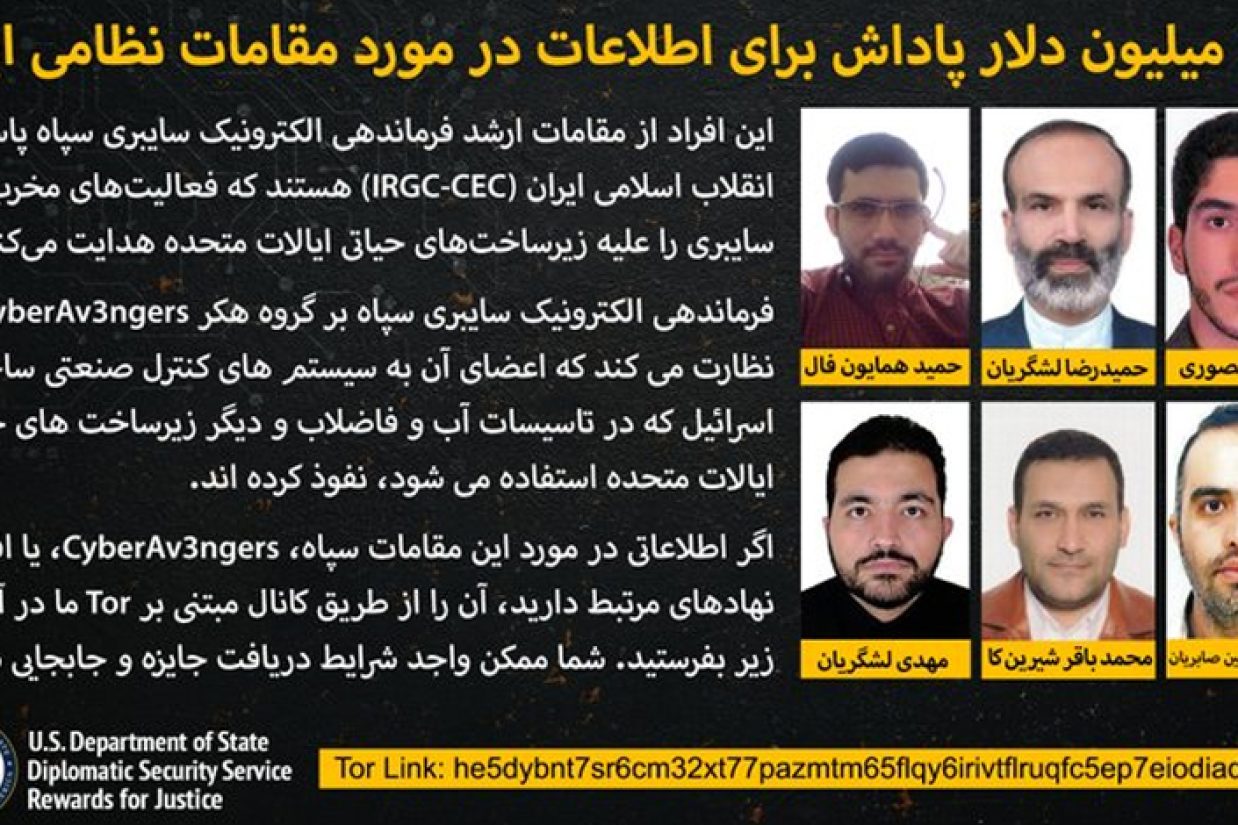 وزارت خارجه آمریکا مبلغ ۱۰ میلیون دلار جایزه برای ارائه اطلاعاتی درباره شش مقام ارشد مرکز فرماندهی سپاه سایبری انقلاب اسلامی تعیین کرده است.
