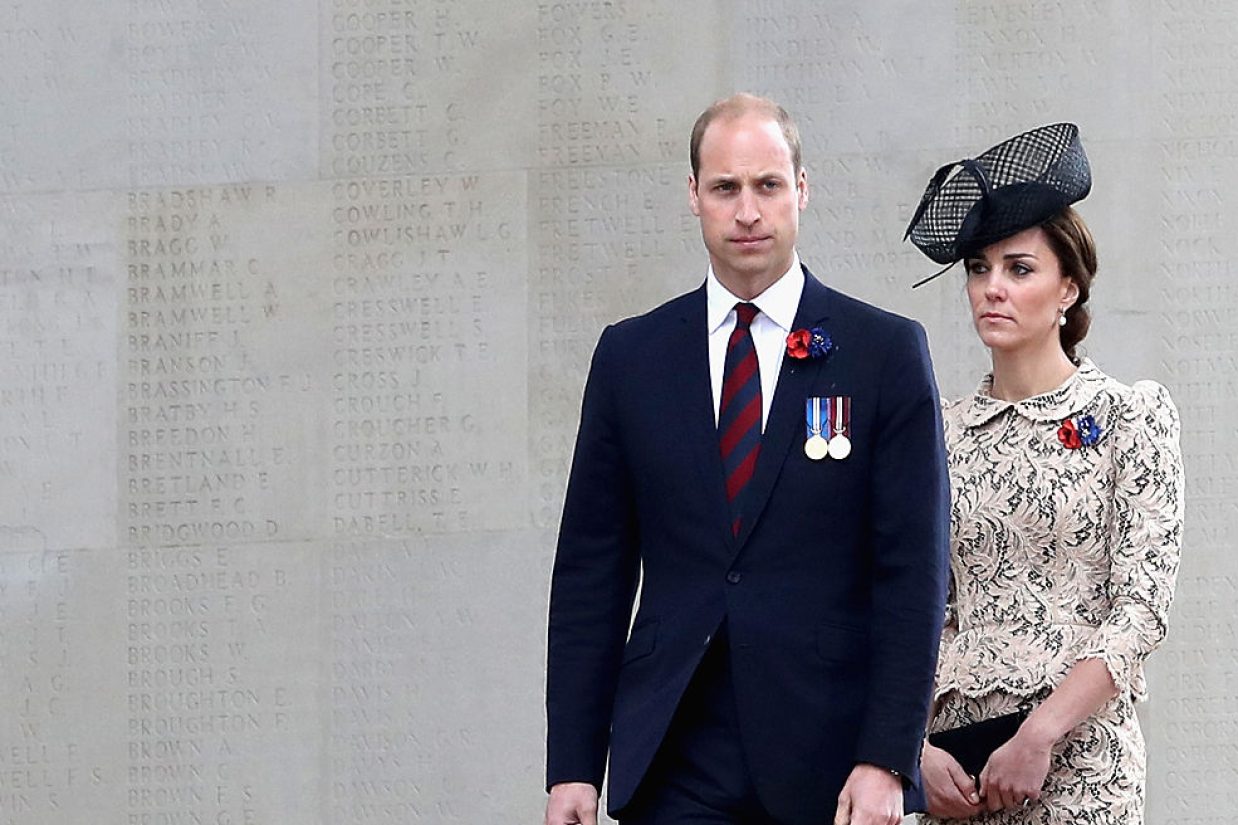 THIEPVAL, FRANCE - JULY 01:  Prince William, Duke of Cambridge and Catherine, Duchess of Cambridge walk past names of the missing on Thiepval Memorial during Somme Centenary Commemorations on July 1, 2016 in Thiepval, France. Today marks exactly 100 years since the beginning of the battle of the Somme.  (Photo by Chris Jackson/Getty Images)