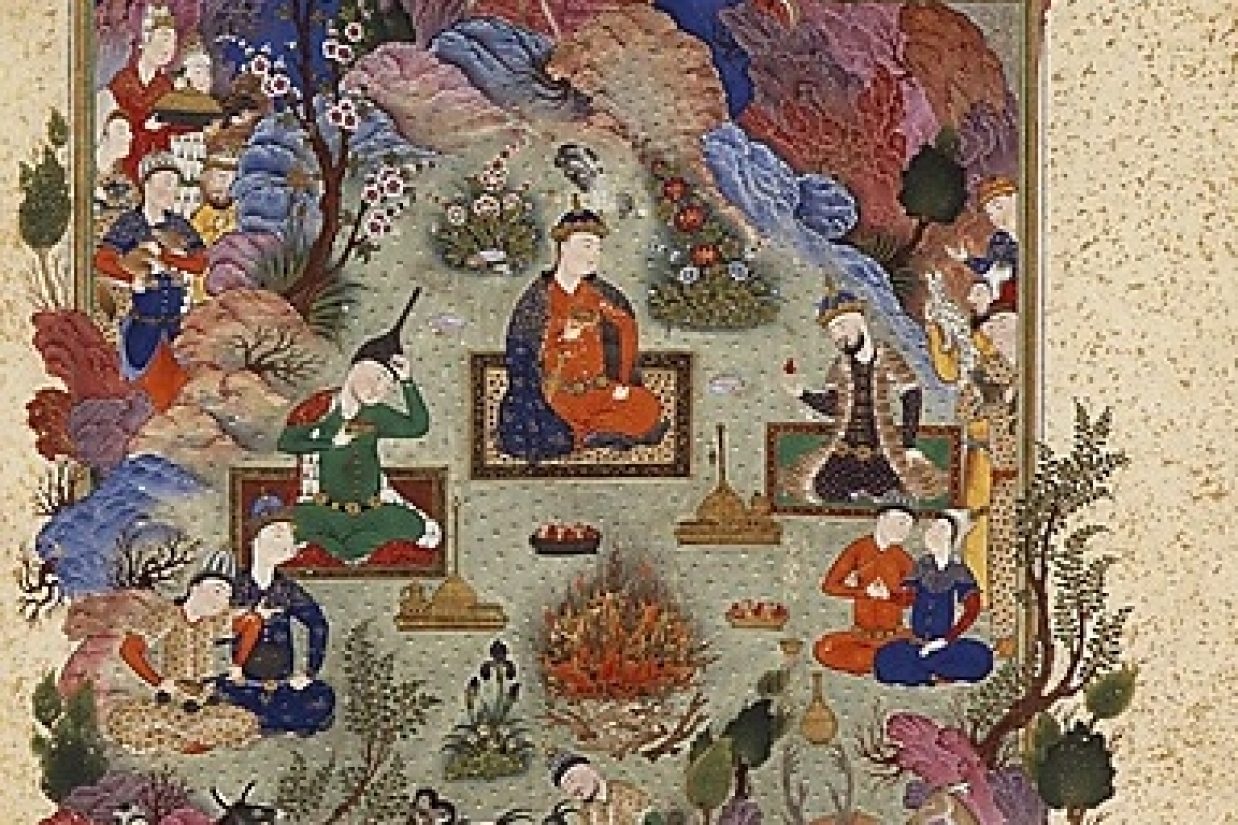 نقاشی جشن سده از شاهنامه فرودوسی، اهدا شده به سلطان محمد در قرن ۱۶، موزه مترو پولیتن نیویورک (اسکرین شات/موزه متروپولیتن)