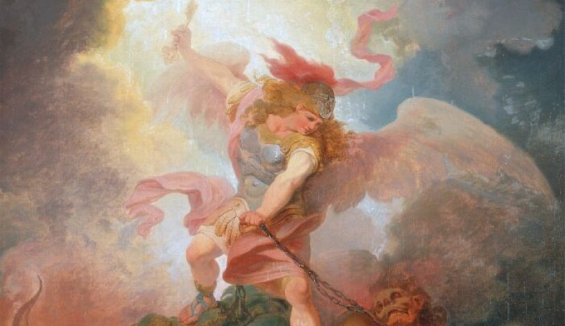 تابلوی «شیطان در بند فرشته»، حدود سال ۱۷۹۷، اثر فیلیپ جیمز دو لوتربورگ، رنگ روغن روی بوم، ۰۸/۴۵ سانتی‌متر در ۴۹/۳۷ سانتی‌متر، مرکز هنر بریتانیا در ییل، کنتیکت(Public Domain)