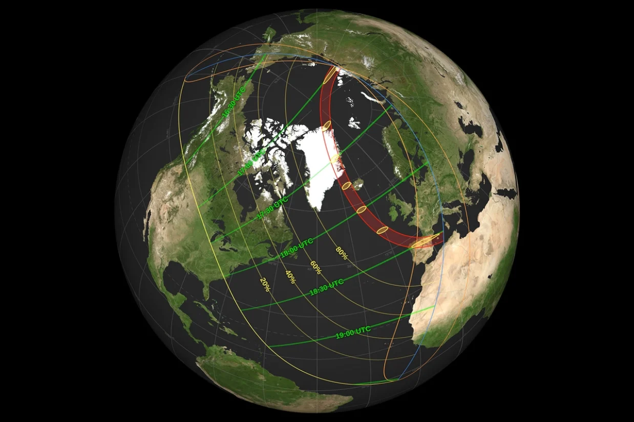 نقشه خورشید گرفتگی ۱۲ اوت ۲۰۲۶ - Courtesy of NASA
