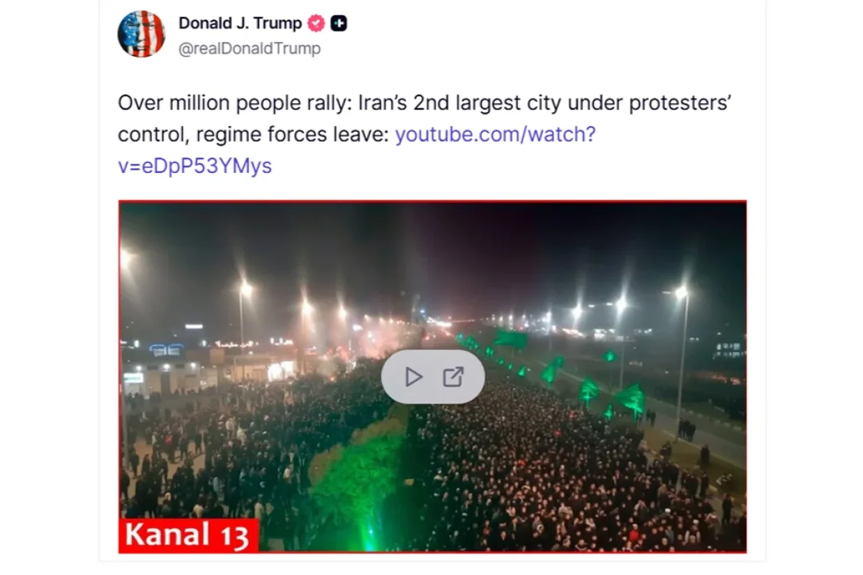 در پی گزارش کانال ۱۳ اسرائیل درباره حضور بیش از یک میلیون نفر در اعتراضات مشهد و عقب‌نشینی نیروهای جمهوری اسلامی از دومین شهر بزرگ ایران، دونالد ترامپ به این تحولات واکنش نشان داد.